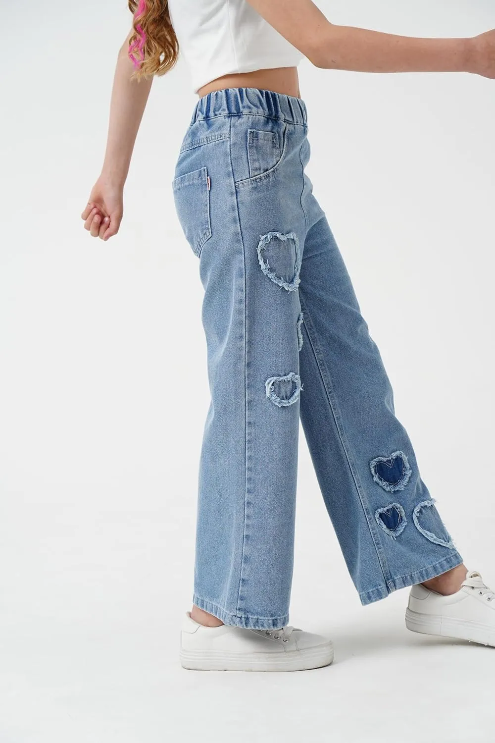 AOWKULAE Girls Jeans Elastic Waist Wide Leg Pants Kids Jeans 4-14 Years