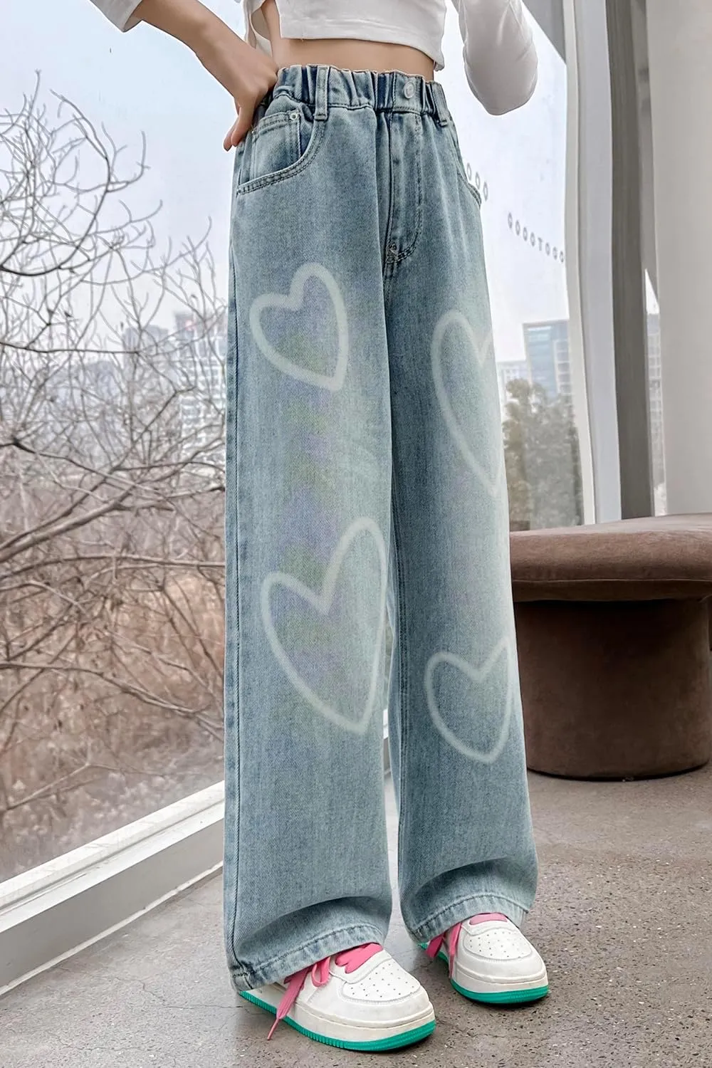 AOWKULAE Girls Jeans Elastic Waist Wide Leg Pants Kids Jeans 4-14 Years
