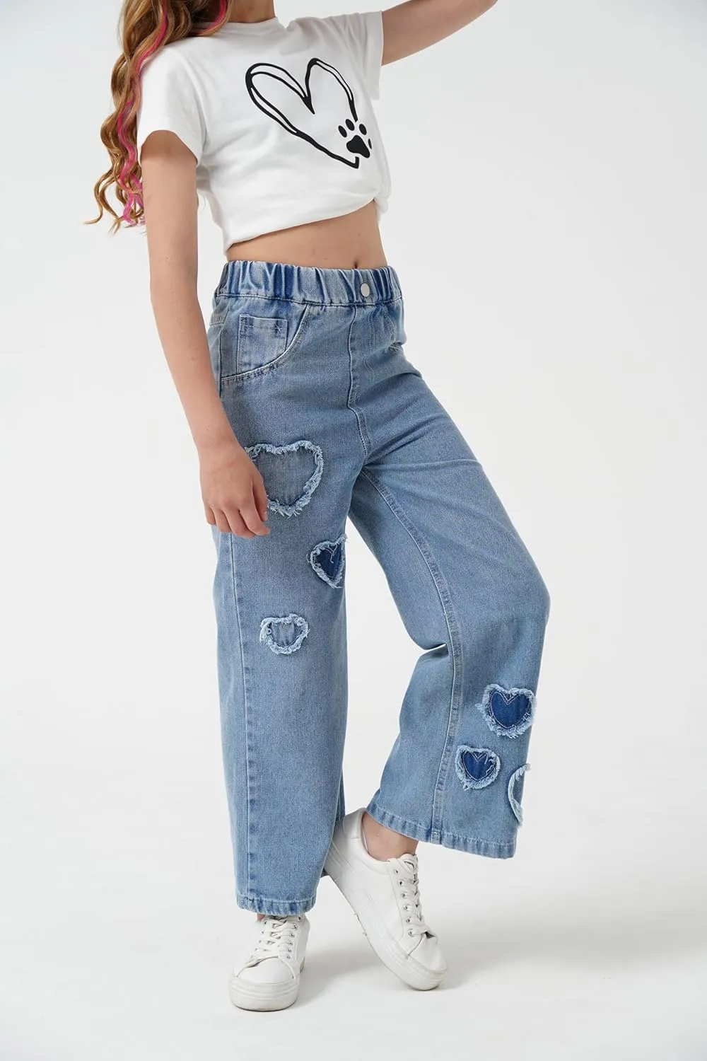 AOWKULAE Girls Jeans Elastic Waist Wide Leg Pants Kids Jeans 4-14 Years