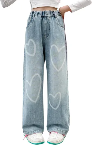 AOWKULAE Girls Jeans Elastic Waist Wide Leg Pants Kids Jeans 4-14 Years