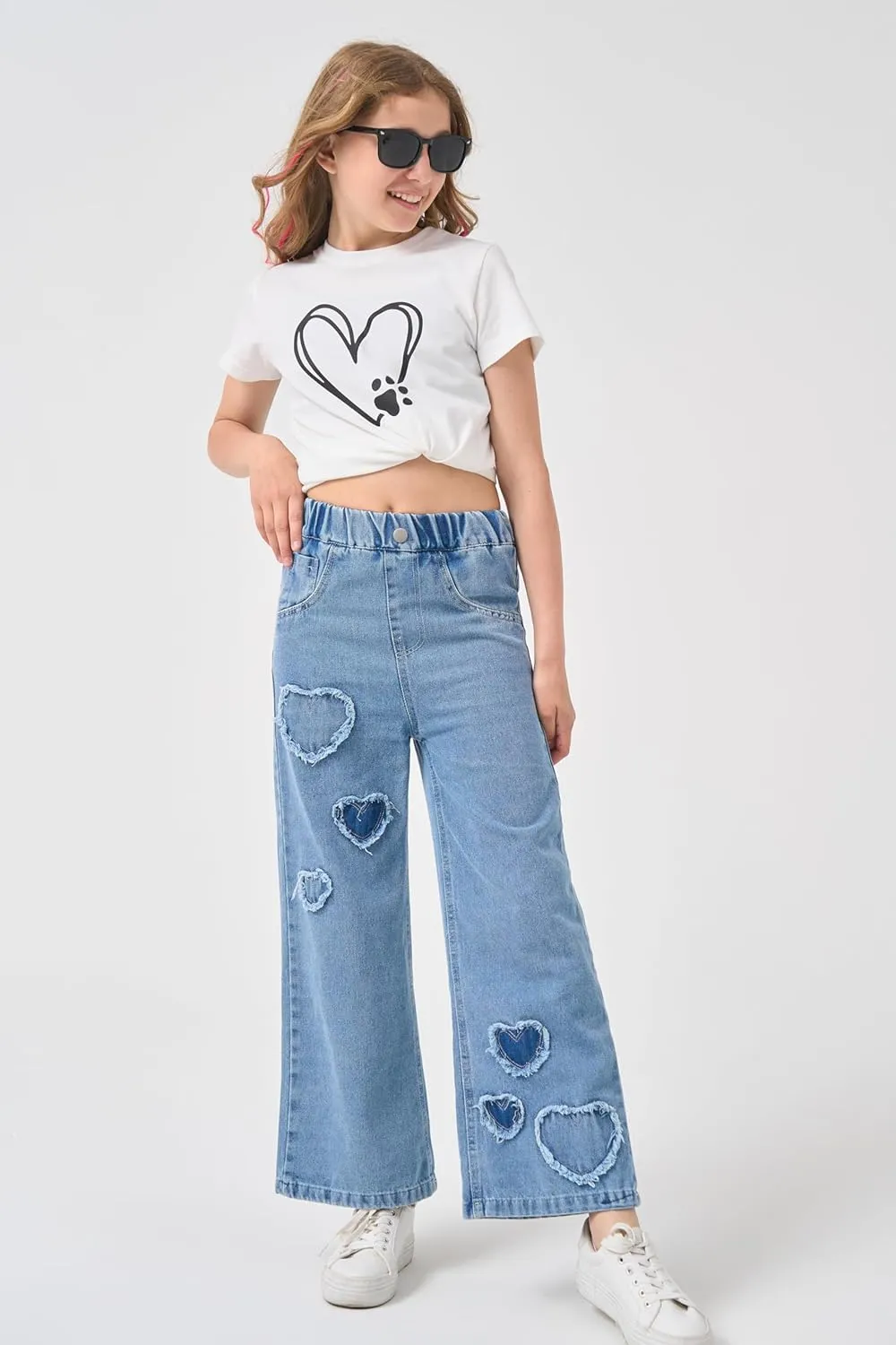 AOWKULAE Girls Jeans Elastic Waist Wide Leg Pants Kids Jeans 4-14 Years