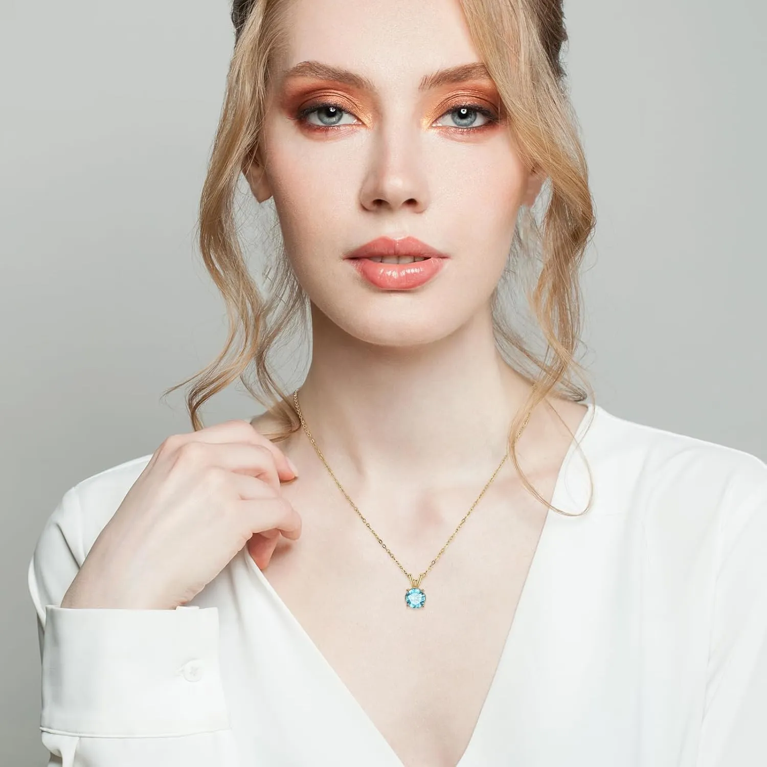 Aquamarine Necklace 14K Gold Necklaces Dainty Round Necklace Birthstone Necklace Light Blue Pendant Necklaces for Women