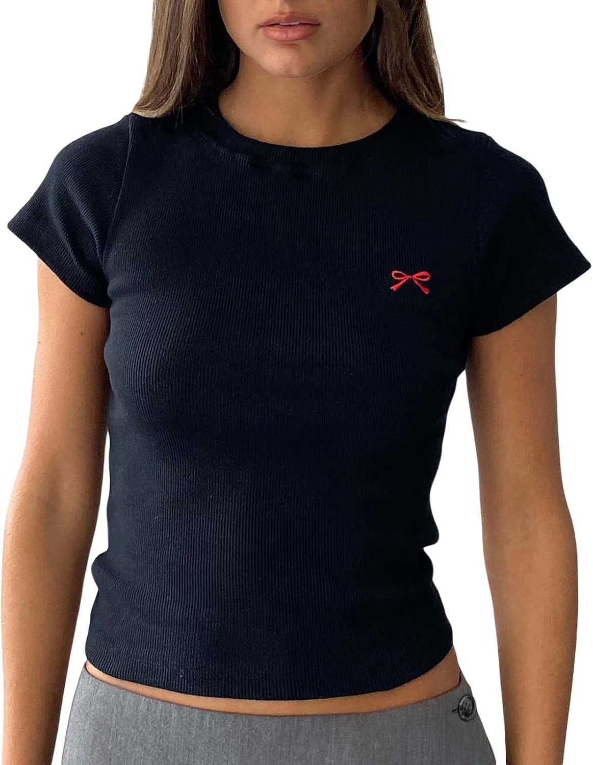Baby Tees for Women Y2k Graphic Crop Tops Teen Girl Aesthetic Short Sleeve Slim Fit T Shirt Cute Summer Clothing