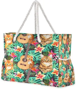 Beach Bag - Large Tote Bags for Women Colorful Hawaiian Shirt Wallpaper Pattern Shoulder Bags Zipper Waterproof Sandproof for Travel Gym Swim Daily