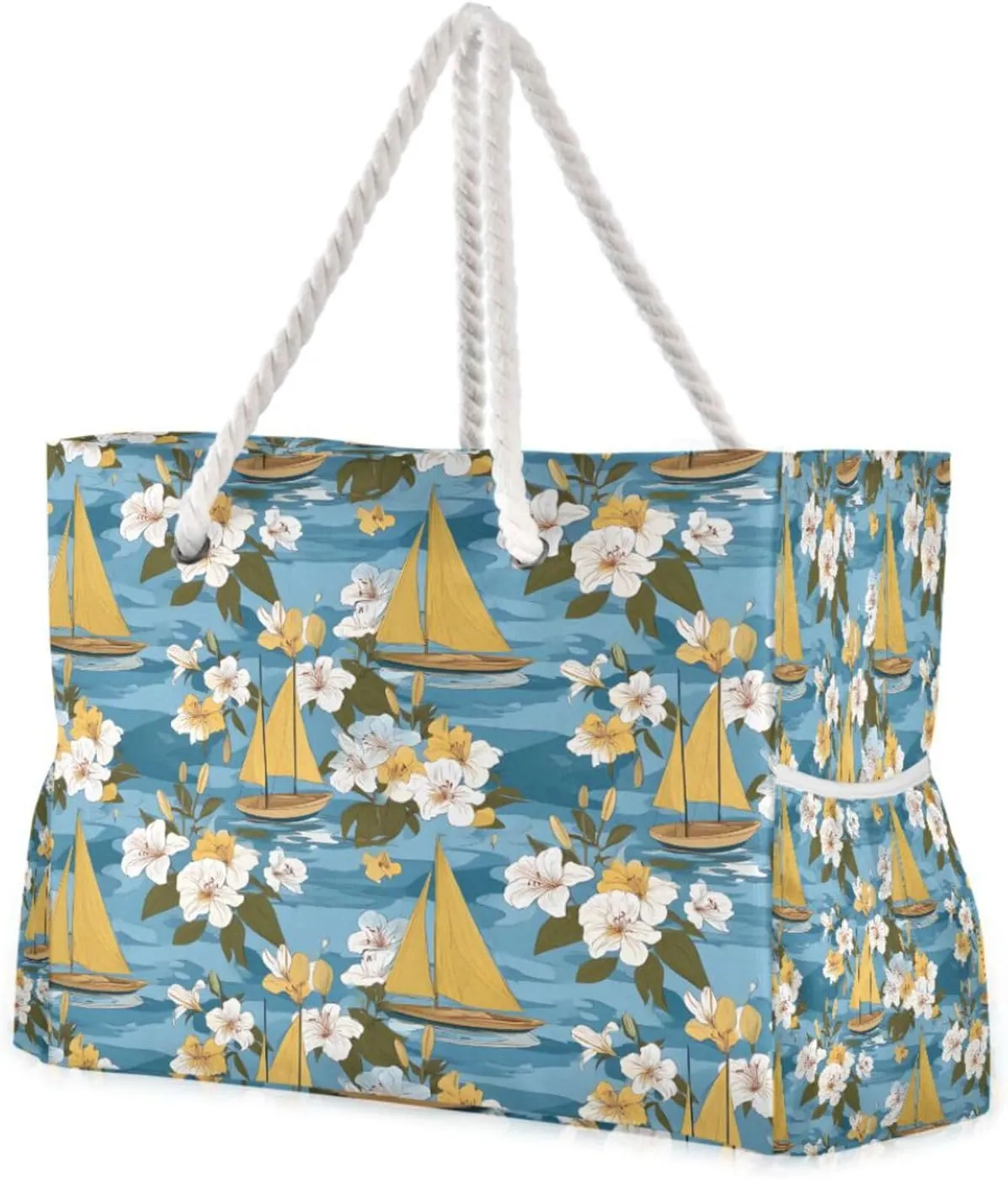 Beach Bag - Large Tote Bags for Women Yellow Sailboat Flower Pattern Yellow Shoulder Bags Zipper Waterproof Sandproof for Travel Gym Swim Daily