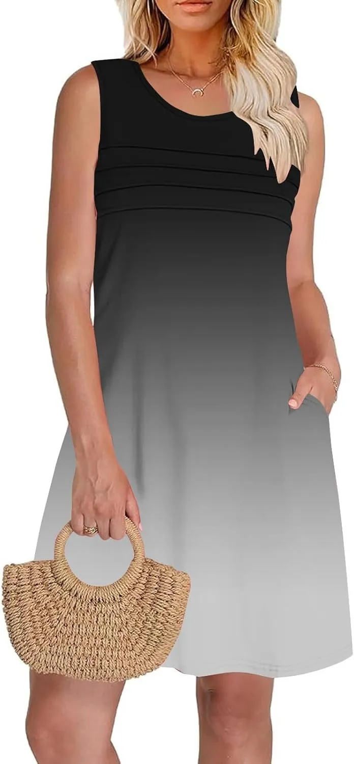 Beach Dress for Women Casual Sleeveless Gradient Color Sundress Loose Fit Round Neck Pleated Vacation Dresses