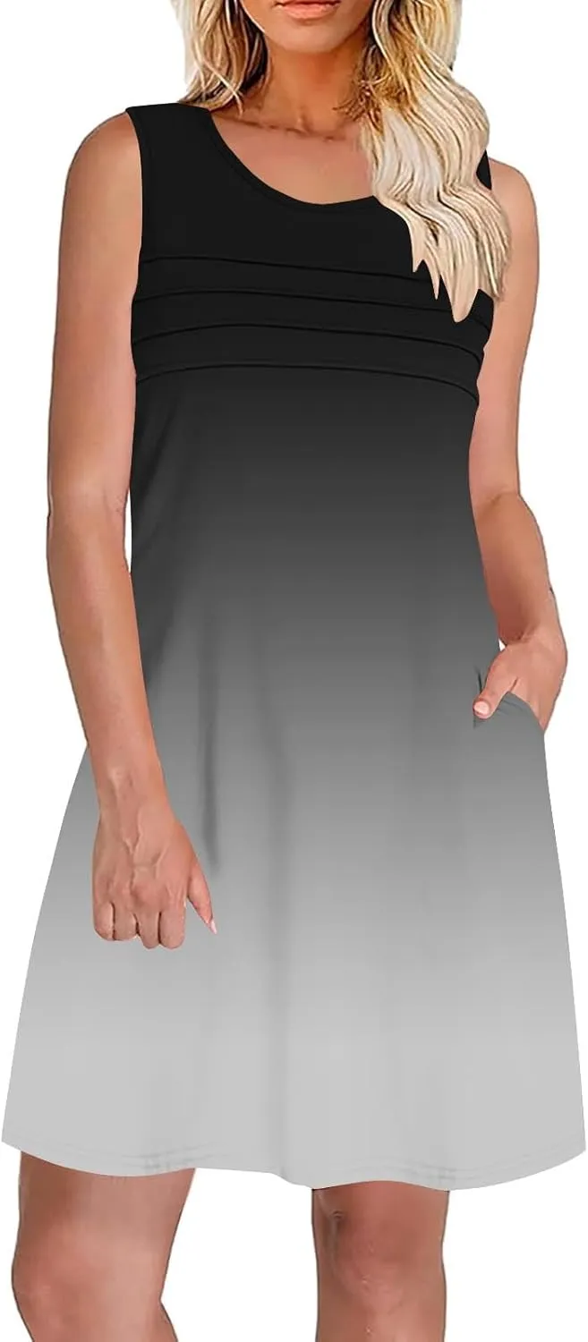 Beach Dress for Women Casual Sleeveless Gradient Color Sundress Loose Fit Round Neck Pleated Vacation Dresses