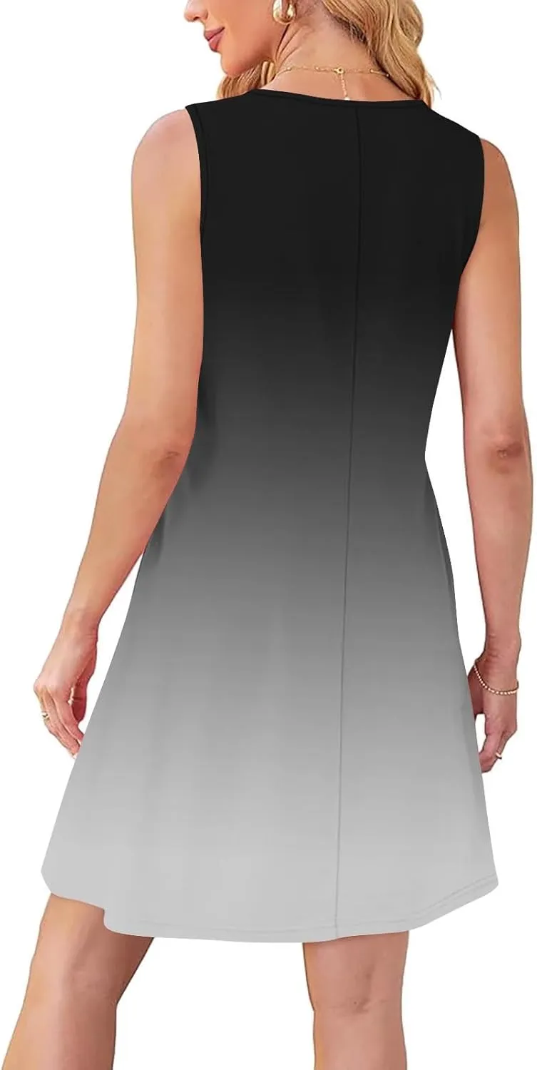 Beach Dress for Women Casual Sleeveless Gradient Color Sundress Loose Fit Round Neck Pleated Vacation Dresses
