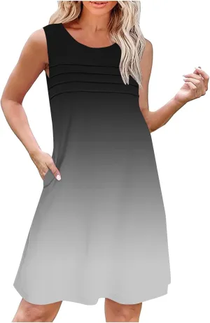 Beach Dress for Women Casual Sleeveless Gradient Color Sundress Loose Fit Round Neck Pleated Vacation Dresses