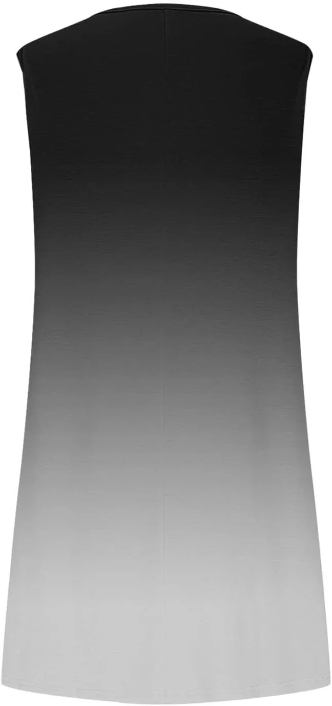 Beach Dress for Women Casual Sleeveless Gradient Color Sundress Loose Fit Round Neck Pleated Vacation Dresses