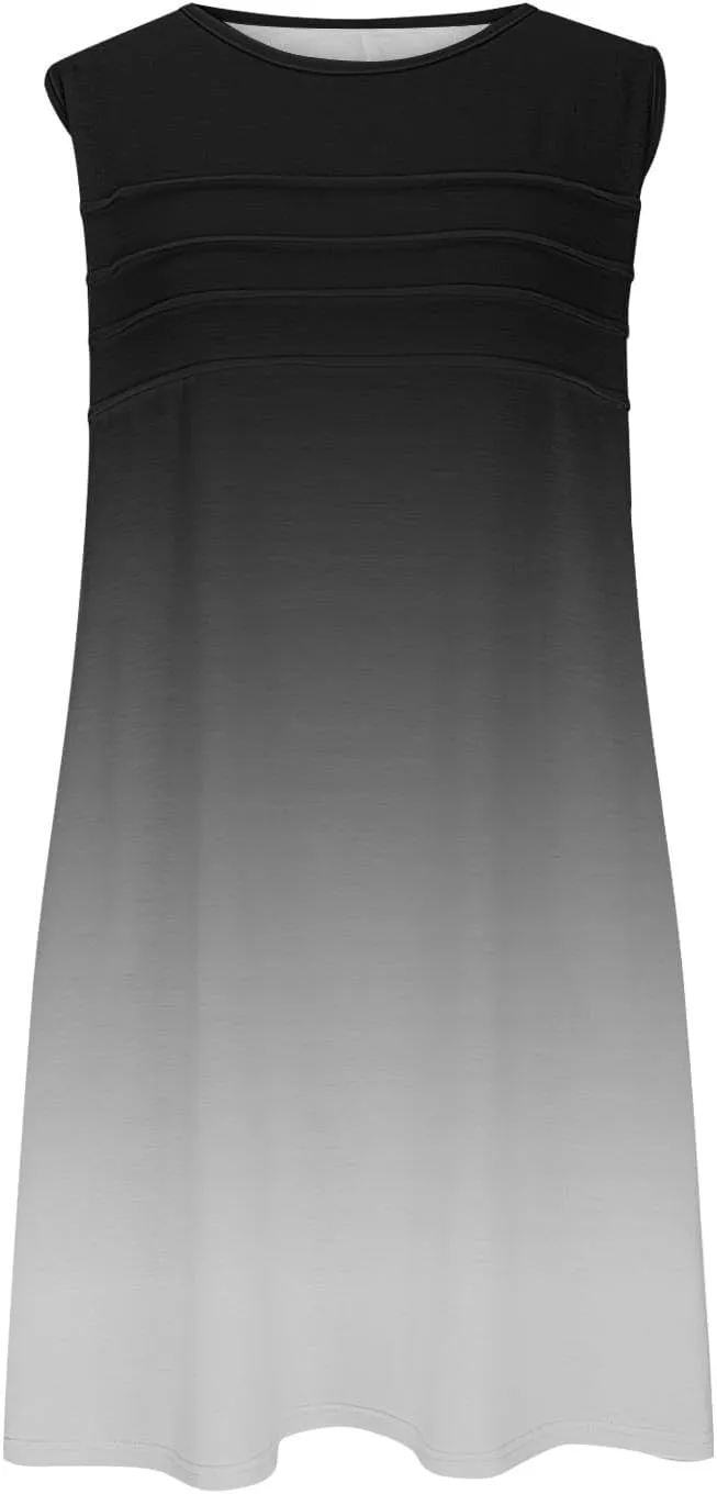 Beach Dress for Women Casual Sleeveless Gradient Color Sundress Loose Fit Round Neck Pleated Vacation Dresses