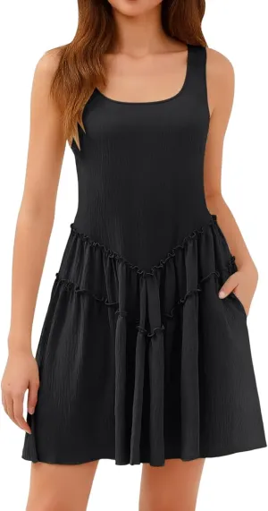 Beach Dresses for Women,Summer U Neck Short Dress Ruffle Tiered Layered Tank Sun Dress Flowy Mini Dress with Pockets