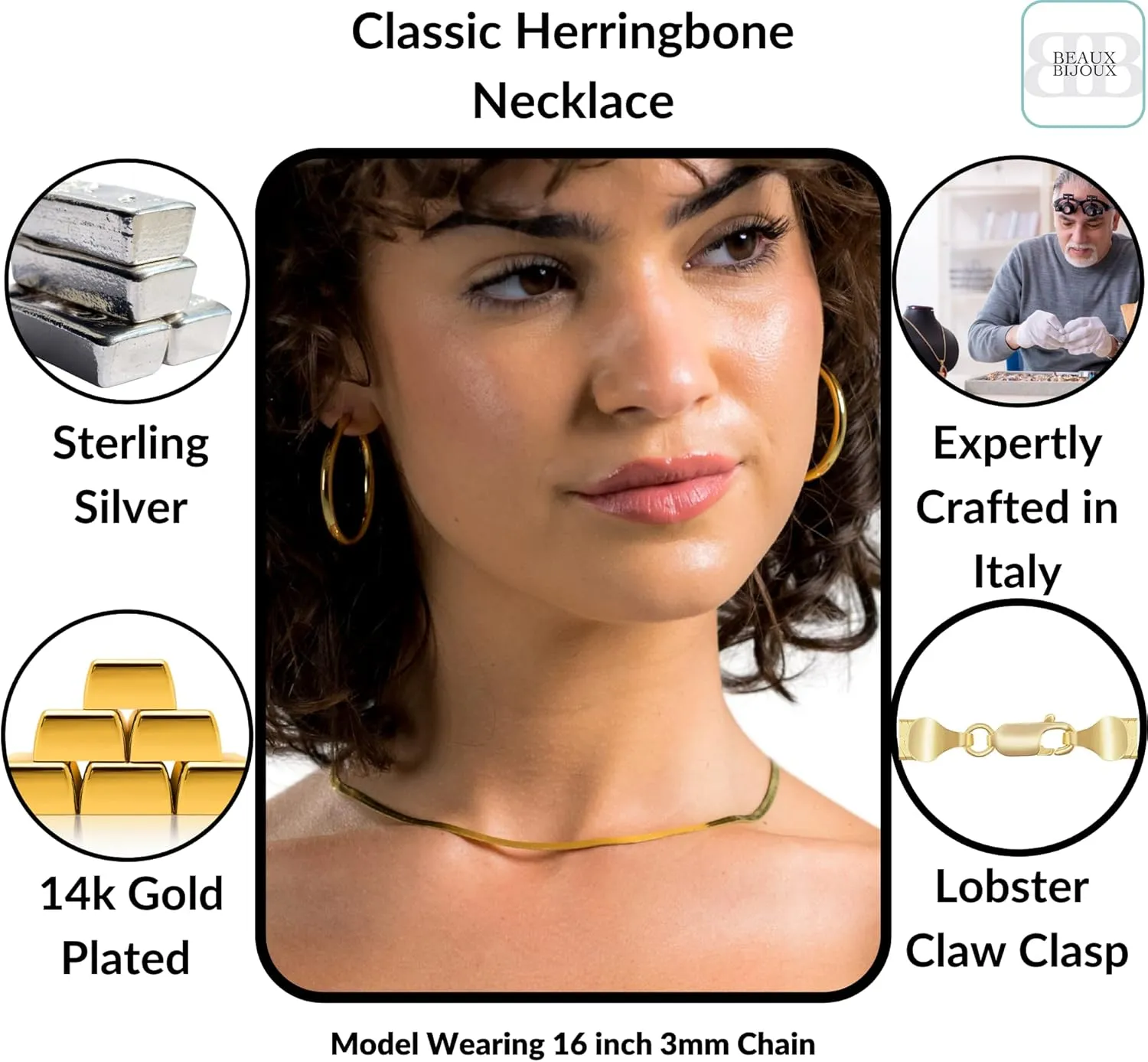 Beaux Bijoux Gold Chain Necklaces for Women | Herringbone, Paperclip, Omega Chains | Gold Plated Silver | Women's Trendy Layering Necklaces | Choose Width and Length | Gold Necklaces for Women