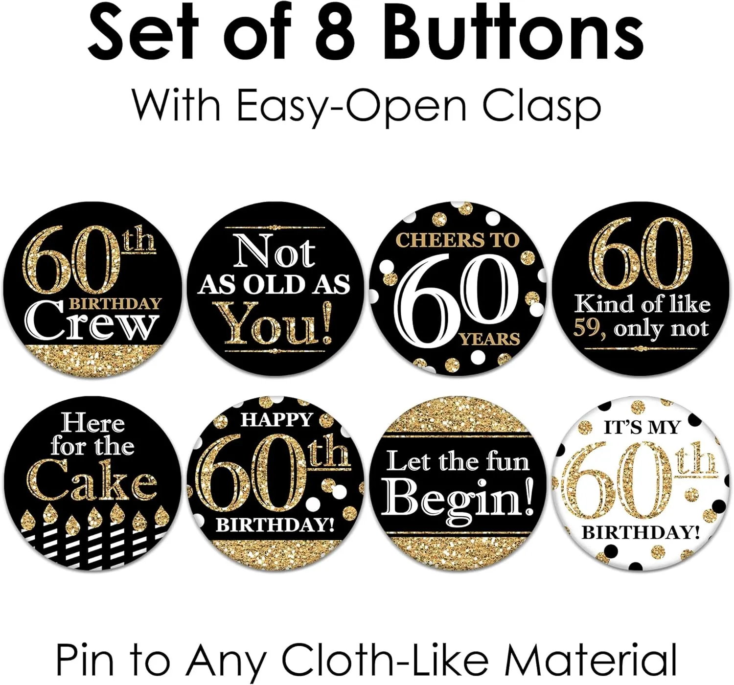 Big Dot of Happiness Adult Birthday - Gold - 3 inch Birthday Party Badge - Pinback Buttons - Set of 8