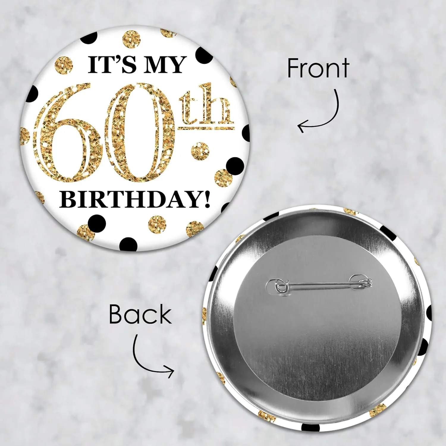 Big Dot of Happiness Adult Birthday - Gold - 3 inch Birthday Party Badge - Pinback Buttons - Set of 8