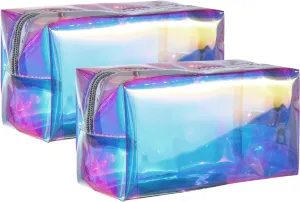Boao 2 Pcs Clear Iridescent Holographic Makeup Bag Glitter Travel Cosmetic Pouches Toiletry Bag with Zipper Toiletry Organizer Case for Purse Diaper Beach Office Gift(Plain)