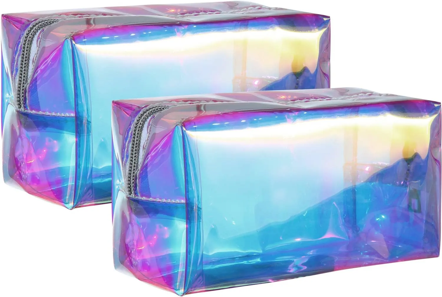 Boao 2 Pcs Clear Iridescent Holographic Makeup Bag Glitter Travel Cosmetic Pouches Toiletry Bag with Zipper Toiletry Organizer Case for Purse Diaper Beach Office Gift(Plain)