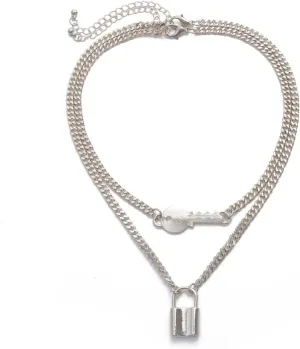 Bohemian Necklaces for Women, Necklaces Silver Layers Alloy Geometric Lock Key Jewelry for Women Women Necklace