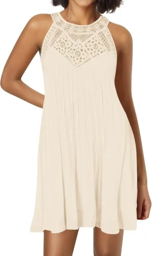 Boho Dresses for Women 2025 Summer Lace Crochet Halter Neck Dress Flowy Pleated Sundress Sleeveless Tank Mini Dress