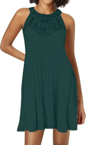 Boho Dresses for Women 2025 Summer Lace Crochet Halter Neck Dress Flowy Pleated Sundress Sleeveless Tank Mini Dress