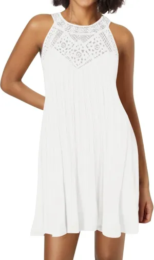 Boho Dresses for Women 2025 Summer Lace Crochet Halter Neck Dress Flowy Pleated Sundress Sleeveless Tank Mini Dress