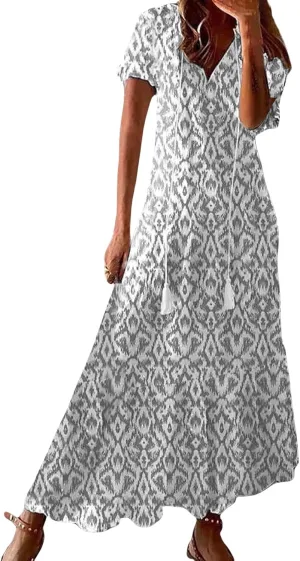 Boho Floral Dress for Women Summer Casual V Neck Ruffle Maxi A Line Flowy Beach Dress Wedding Guest Dresses