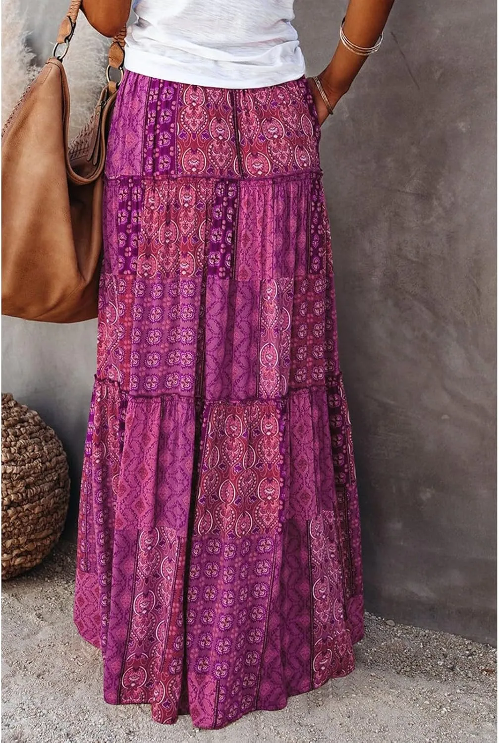 Boho Skirt for Women High Waist A Line Flowy Tiered Skirts Summer Floral Pleated Ruffle Long Maxi Skirt with Pockets