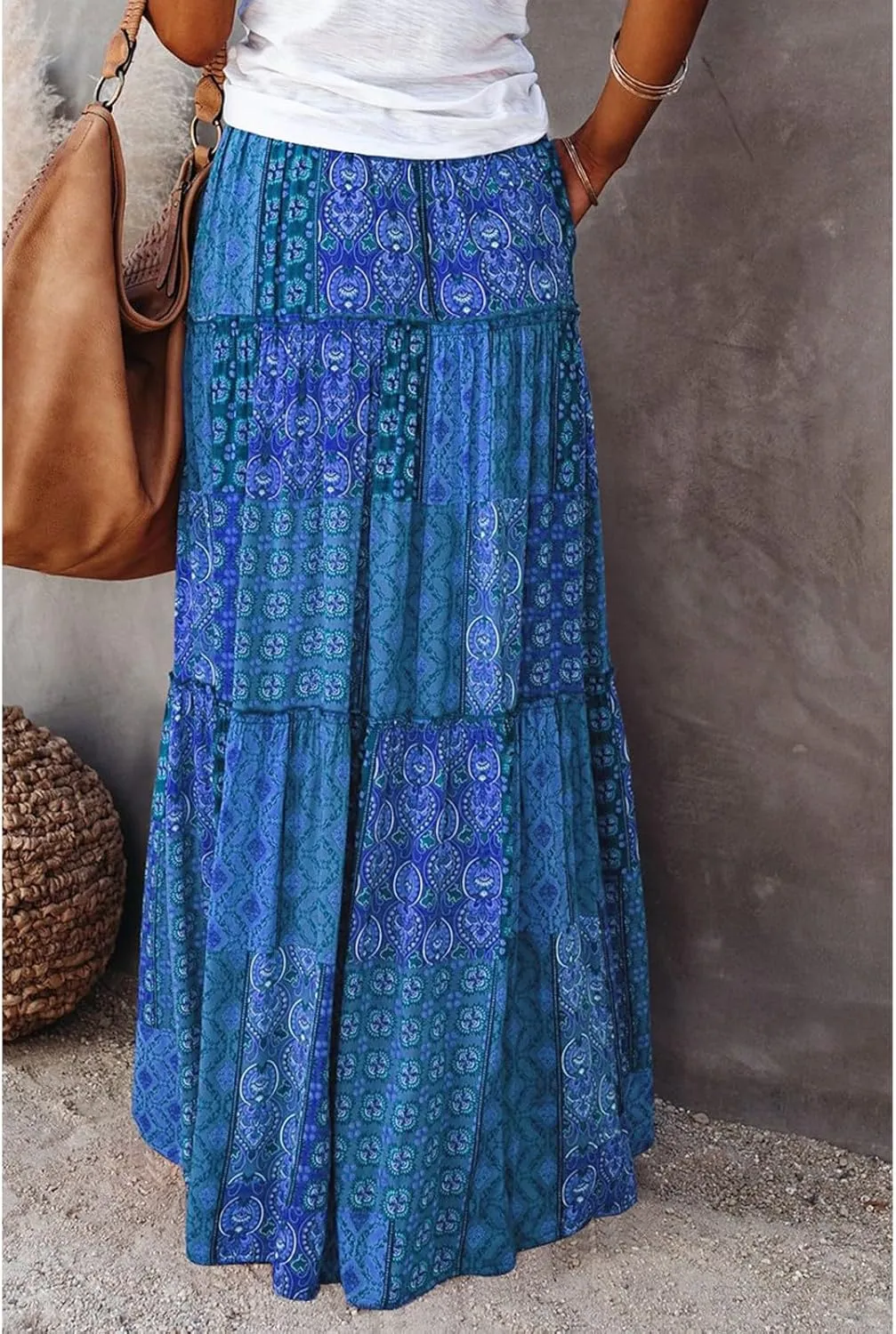 Boho Skirt for Women High Waist A Line Flowy Tiered Skirts Summer Floral Pleated Ruffle Long Maxi Skirt with Pockets