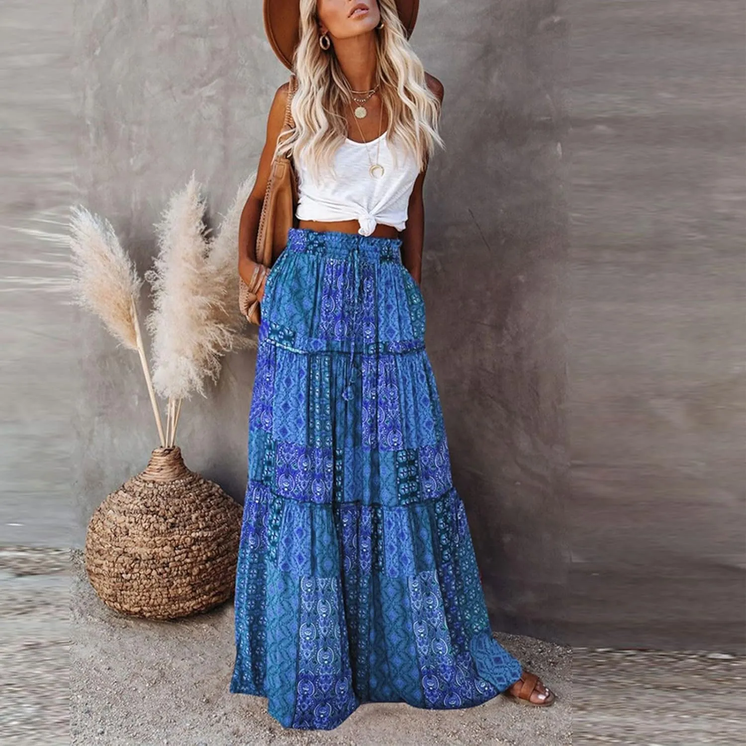 Boho Skirt for Women High Waist A Line Flowy Tiered Skirts Summer Floral Pleated Ruffle Long Maxi Skirt with Pockets