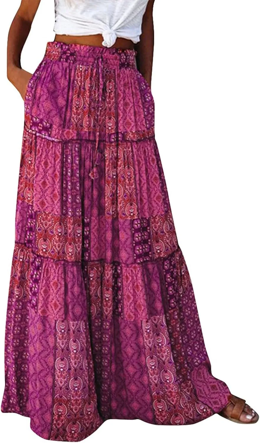 Boho Skirt for Women High Waist A Line Flowy Tiered Skirts Summer Floral Pleated Ruffle Long Maxi Skirt with Pockets