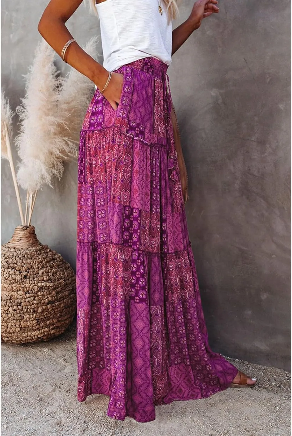 Boho Skirt for Women High Waist A Line Flowy Tiered Skirts Summer Floral Pleated Ruffle Long Maxi Skirt with Pockets