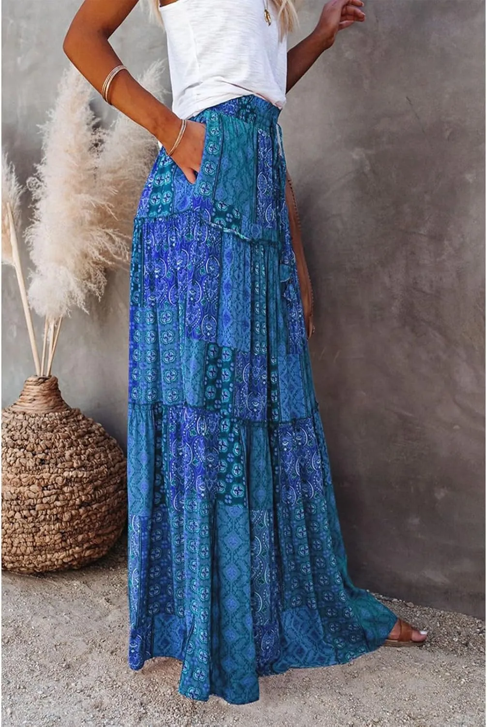 Boho Skirt for Women High Waist A Line Flowy Tiered Skirts Summer Floral Pleated Ruffle Long Maxi Skirt with Pockets
