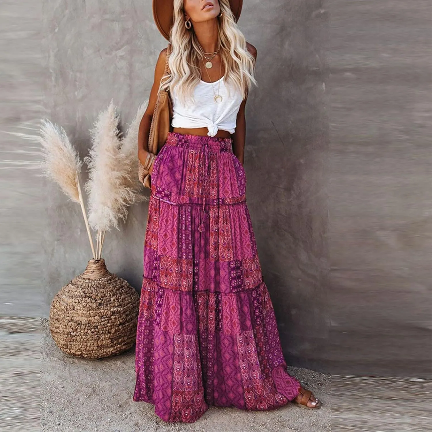 Boho Skirt for Women High Waist A Line Flowy Tiered Skirts Summer Floral Pleated Ruffle Long Maxi Skirt with Pockets