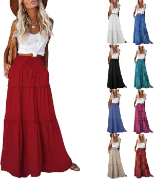Boho Skirt for Women High Waist A Line Flowy Tiered Skirts Summer Floral Pleated Ruffle Long Maxi Skirt with Pockets