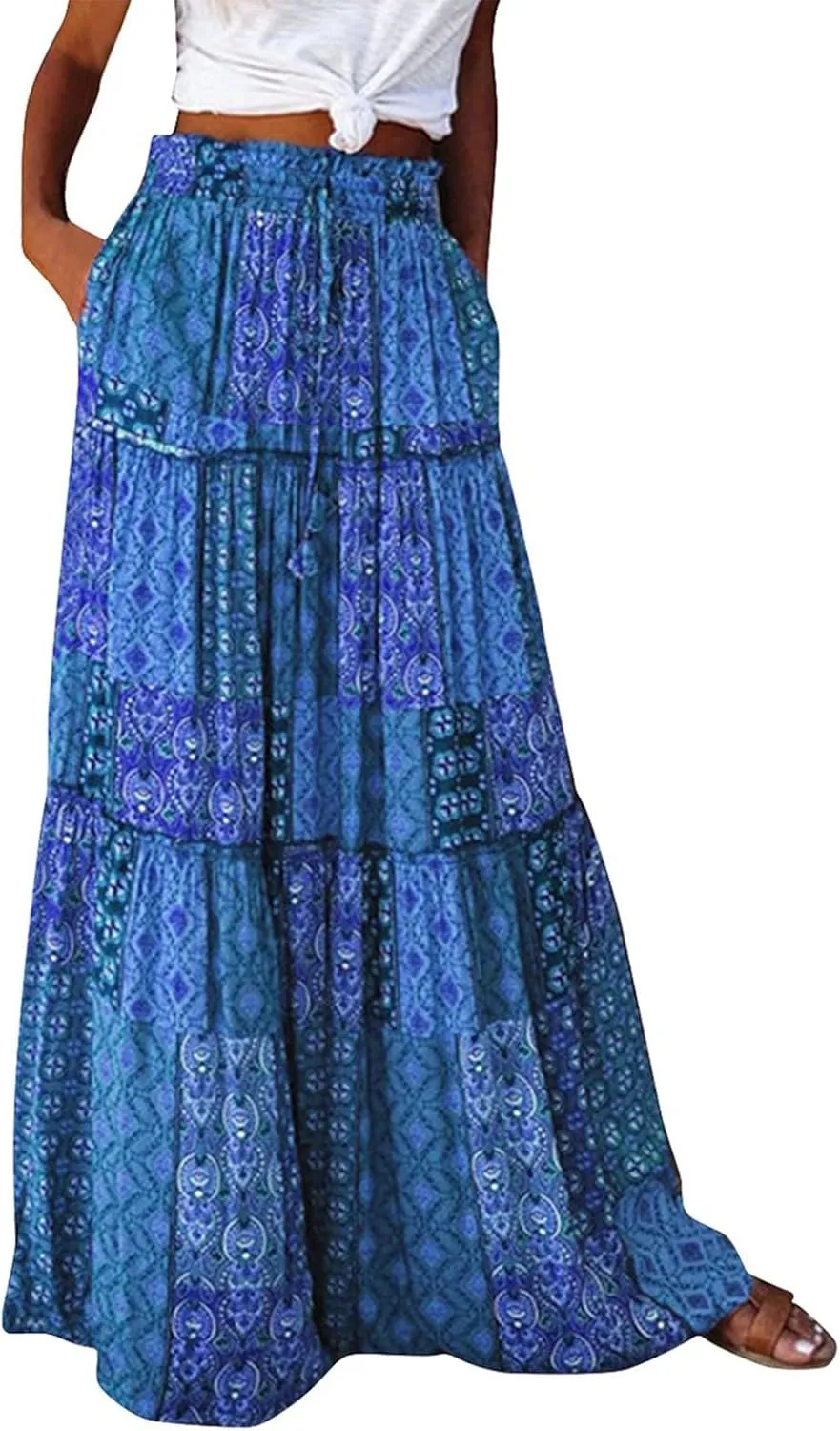 Boho Skirt for Women High Waist A Line Flowy Tiered Skirts Summer Floral Pleated Ruffle Long Maxi Skirt with Pockets