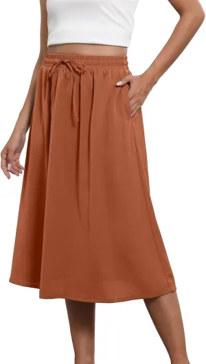 Boho Skirts for Women Lightweight Drawstring High Waisted Trendy Summer Flowy Floral Midi Skirts with Pockets