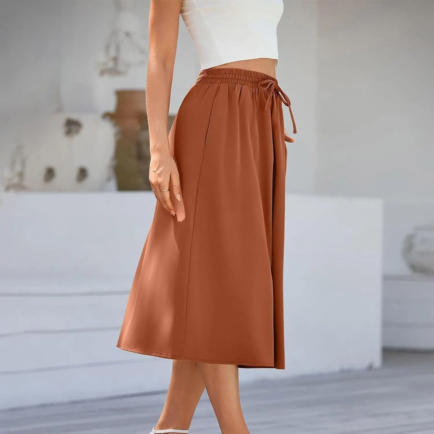 Boho Skirts for Women Lightweight Drawstring High Waisted Trendy Summer Flowy Floral Midi Skirts with Pockets