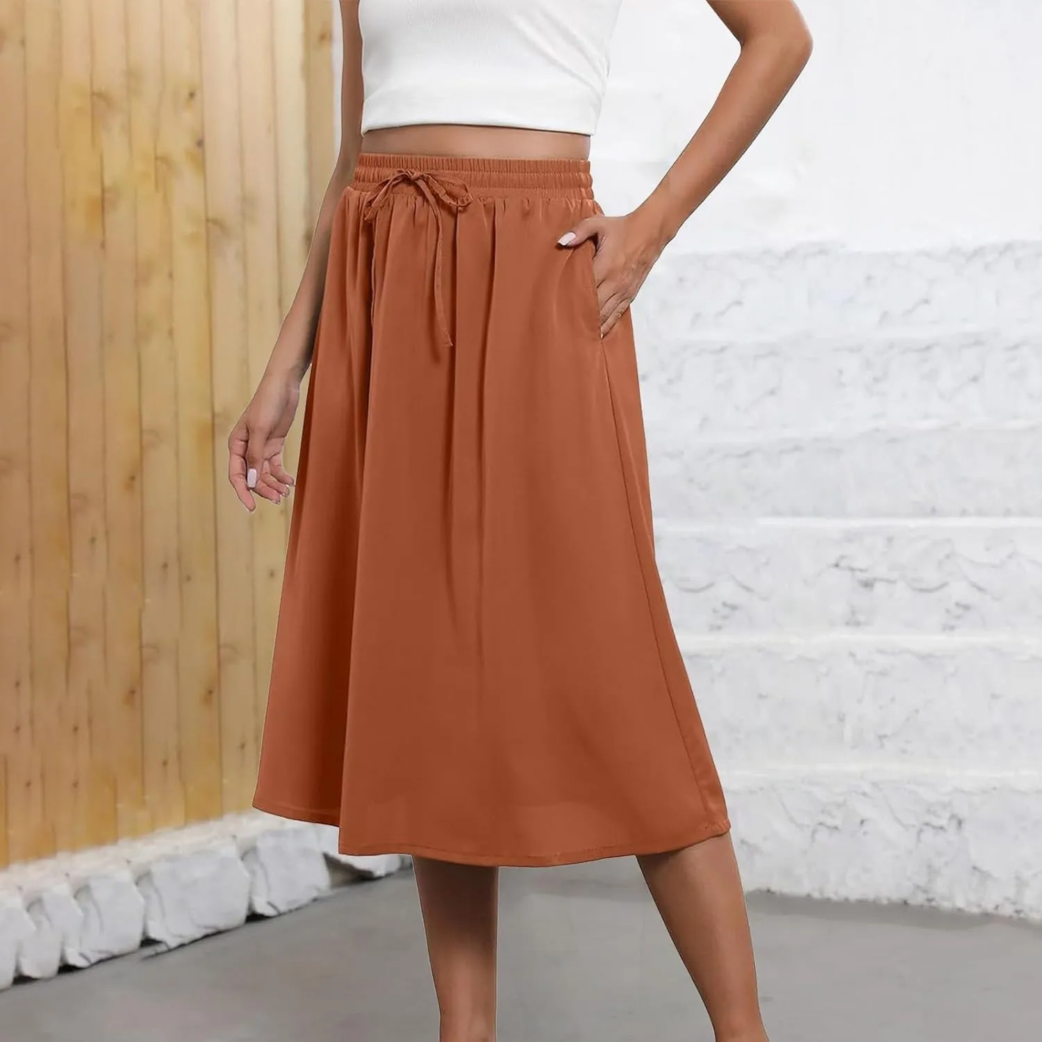 Boho Skirts for Women Lightweight Drawstring High Waisted Trendy Summer Flowy Floral Midi Skirts with Pockets