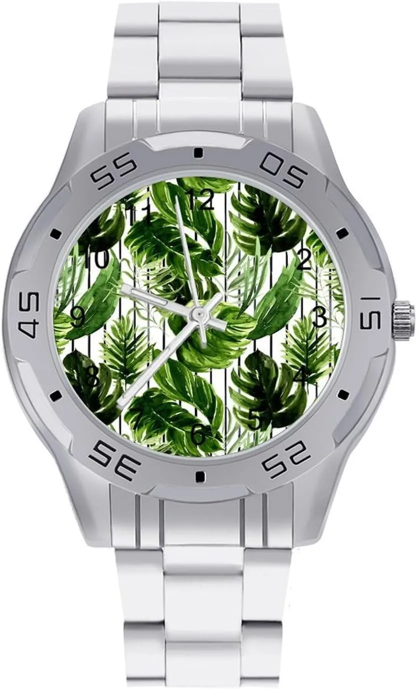 Boho Summer Monstera Stainless Steel Metal Strap Simple Business Watches for Men Easy Reader Work Casual Watch