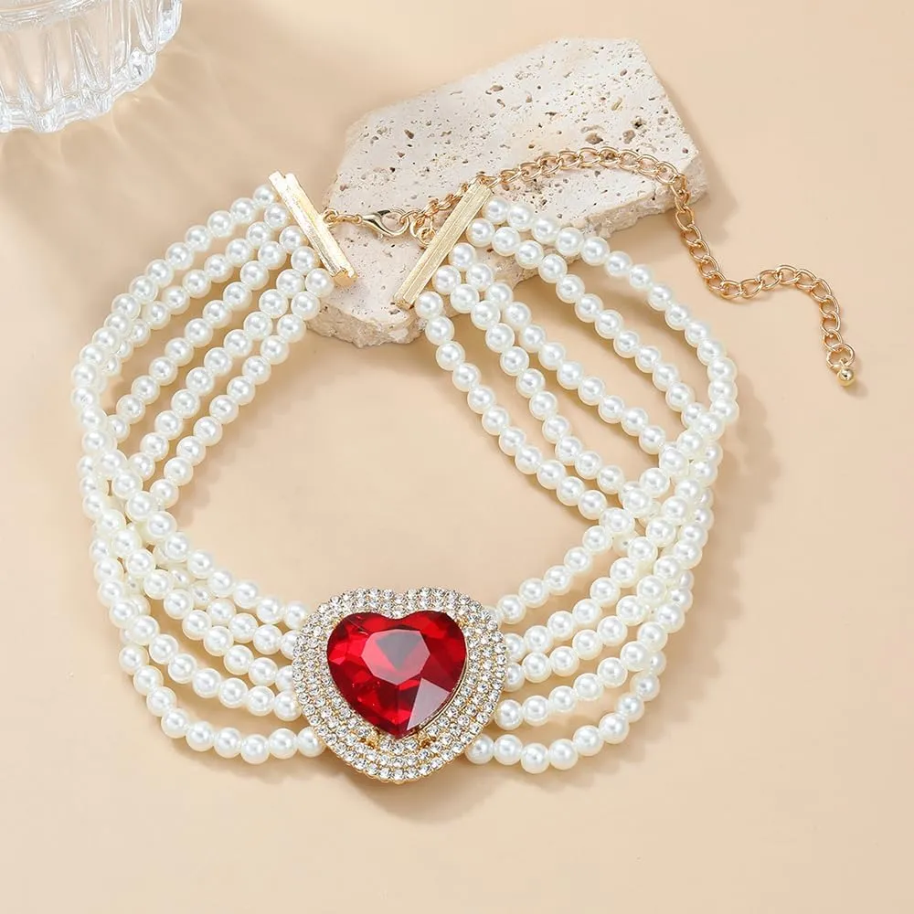Boho Women Multilayer 1920s Love Heart Rhinestone Necklaces Gold Silver Dainty Pearls Layered Choker Necklaces Fashion Red Pink Chunky Pendant Multilayer Adjustable Layering Chain Necklaces for Women
