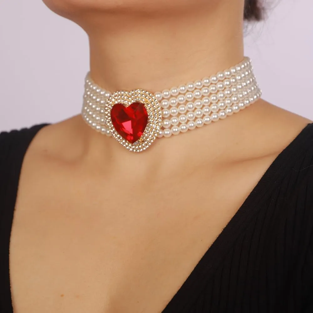 Boho Women Multilayer 1920s Love Heart Rhinestone Necklaces Gold Silver Dainty Pearls Layered Choker Necklaces Fashion Red Pink Chunky Pendant Multilayer Adjustable Layering Chain Necklaces for Women