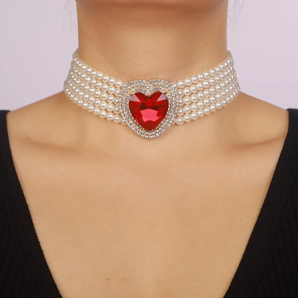 Boho Women Multilayer 1920s Love Heart Rhinestone Necklaces Gold Silver Dainty Pearls Layered Choker Necklaces Fashion Red Pink Chunky Pendant Multilayer Adjustable Layering Chain Necklaces for Women