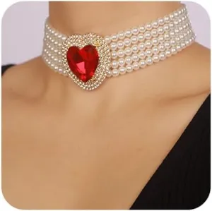 Boho Women Multilayer 1920s Love Heart Rhinestone Necklaces Gold Silver Dainty Pearls Layered Choker Necklaces Fashion Red Pink Chunky Pendant Multilayer Adjustable Layering Chain Necklaces for Women