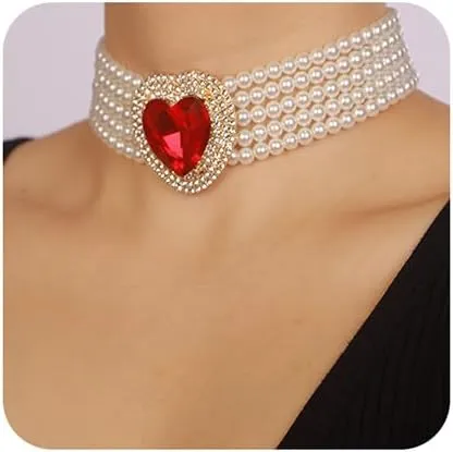 Boho Women Multilayer 1920s Love Heart Rhinestone Necklaces Gold Silver Dainty Pearls Layered Choker Necklaces Fashion Red Pink Chunky Pendant Multilayer Adjustable Layering Chain Necklaces for Women