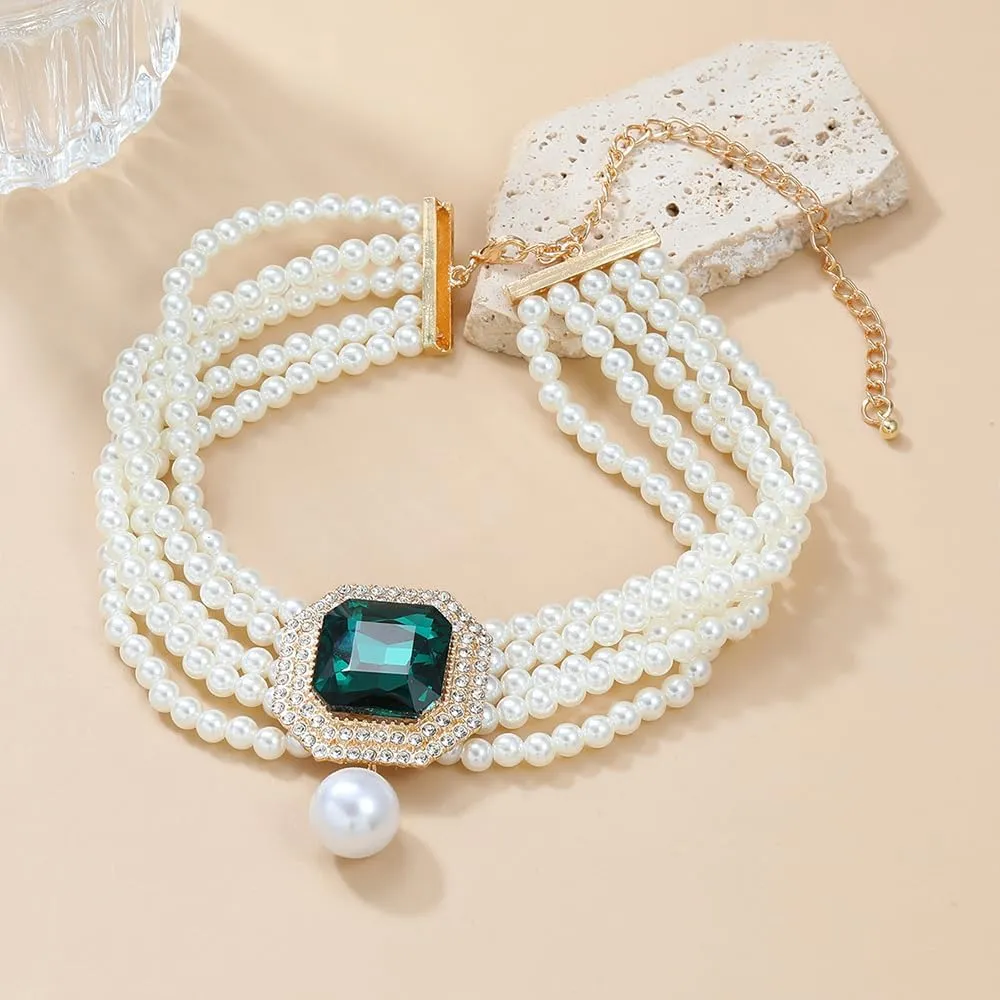 Boho Women Multilayer 1920s Pink Black Green Rhinestone Necklaces Gold Silver Dainty Pearls Layered Choker Necklaces Fashion Chunky Pearls Pendant Multilayer Adjustable Layering Chain Necklaces for Women