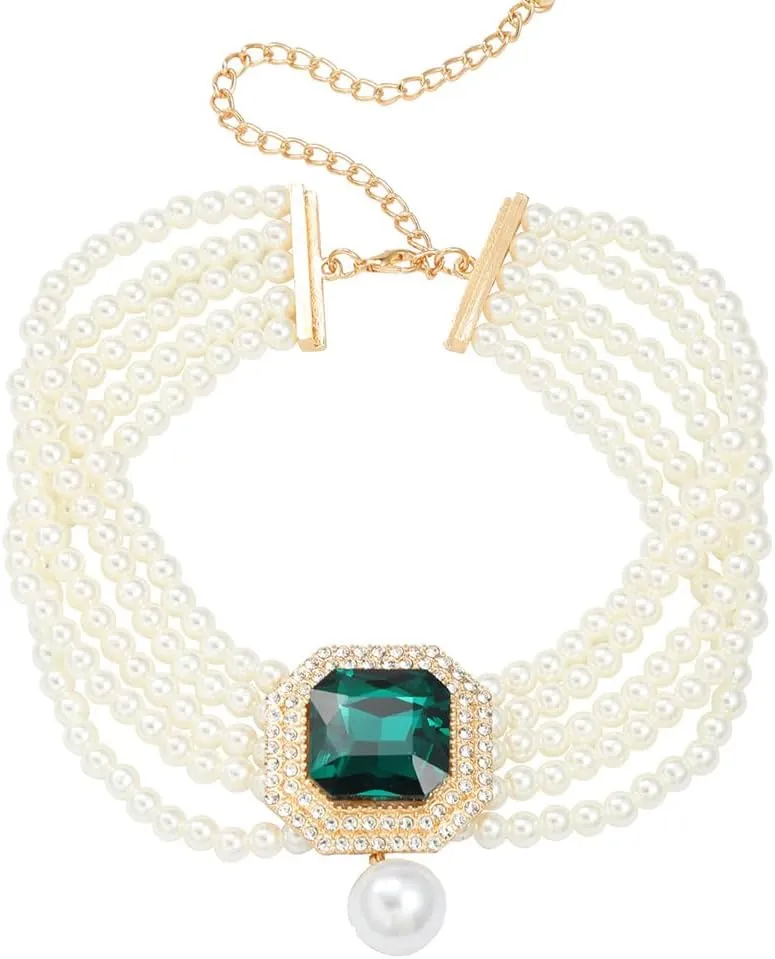 Boho Women Multilayer 1920s Pink Black Green Rhinestone Necklaces Gold Silver Dainty Pearls Layered Choker Necklaces Fashion Chunky Pearls Pendant Multilayer Adjustable Layering Chain Necklaces for Women