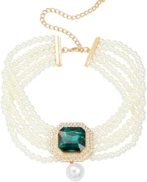 Boho Women Multilayer 1920s Pink Black Green Rhinestone Necklaces Gold Silver Dainty Pearls Layered Choker Necklaces Fashion Chunky Pearls Pendant Multilayer Adjustable Layering Chain Necklaces for Women