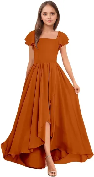 BOLENSYE Junior Bridesmaid Dresses for Wedding Short Sleeve Square Neck Flower Girl Dresses for Teens Gilrs 7-16