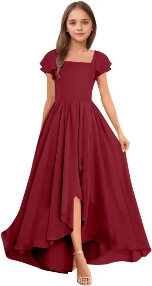 BOLENSYE Junior Bridesmaid Dresses for Wedding Short Sleeve Square Neck Flower Girl Dresses for Teens Gilrs 7-16