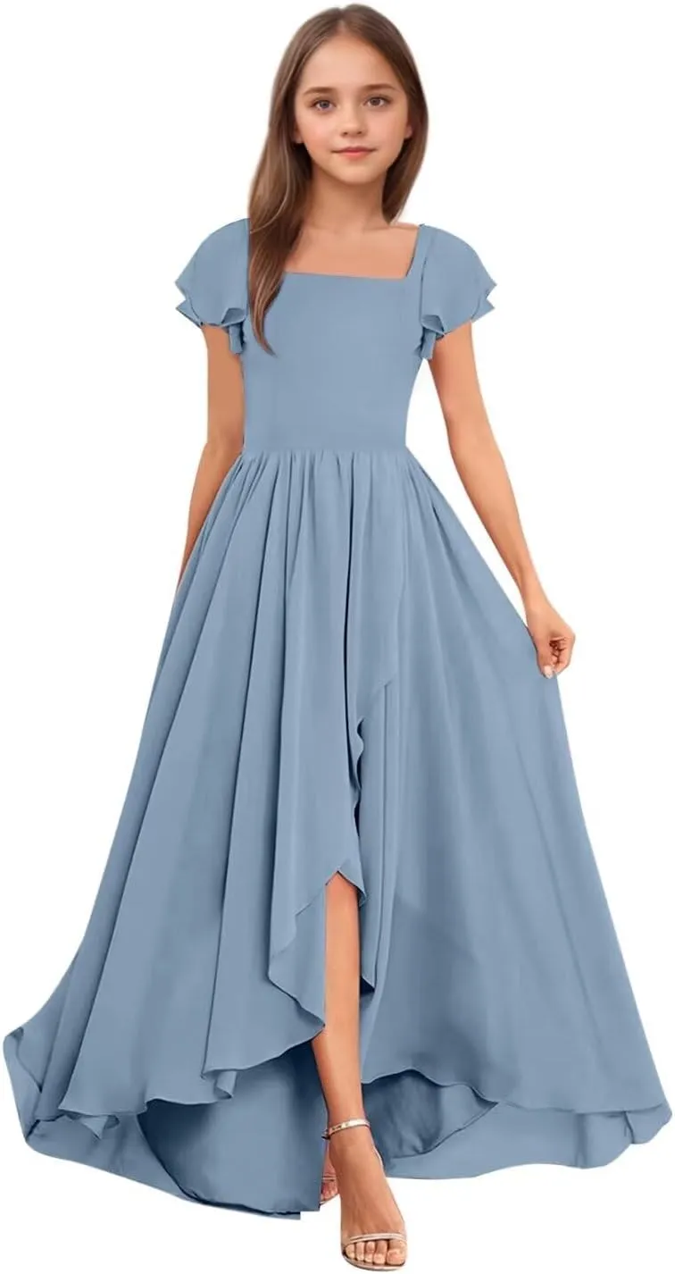 BOLENSYE Junior Bridesmaid Dresses for Wedding Short Sleeve Square Neck Flower Girl Dresses for Teens Gilrs 7-16